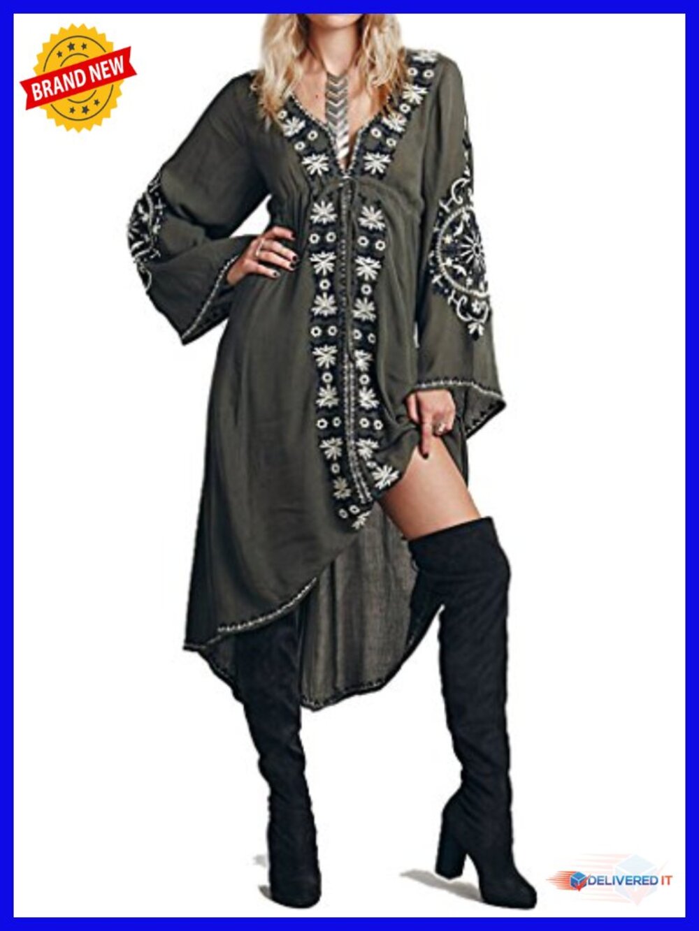 R.Vivimos Womens Floral Embroidered High Low Dress Rayon Cotton Bell Sleeve
